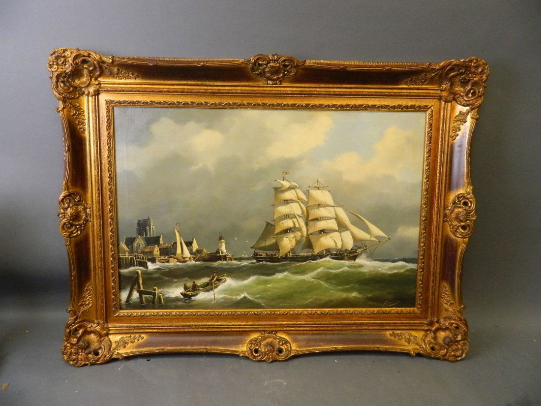 An oil on canvas, marine scene with a twin-masted Brigg: An oil on canvas, marine scene with a twin-masted Brigg setting sail, signed indistinctly, 35½'' x 24''