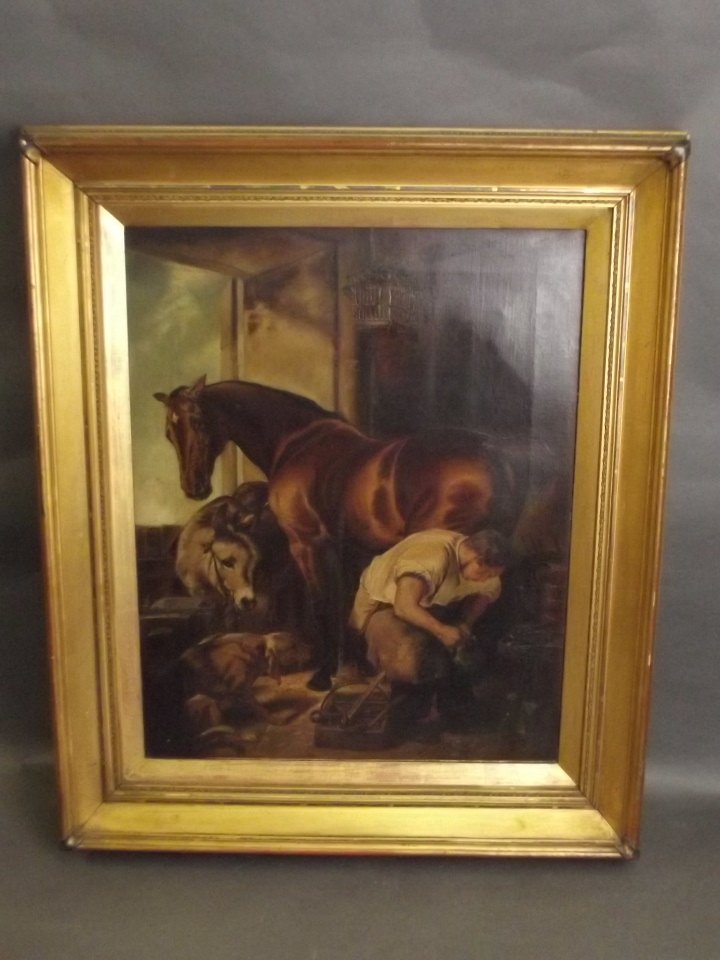 A C19th oil on canvas, 'The Shoeing', interior of a: A C19th oil on canvas, 'The Shoeing', interior of a farrier at work, after Landseer, 16'' x 20''