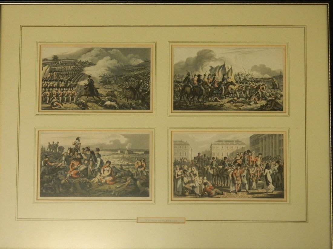 A framed set of four C19th coloured lithographs, 'The: A framed set of four C19th coloured lithographs, 'The Battle of Waterloo', 'Aftermath', and 'The Return to Brussels', 7¼'' x 4¼''