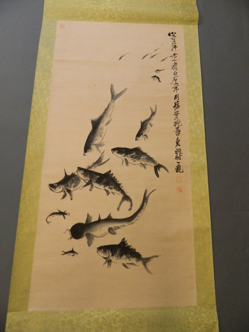 A Chinese scroll painted with carp, 49'' x 24'' (1 of 2)