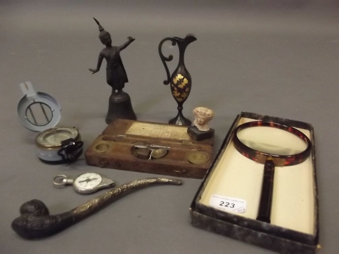 A good lot comprising an early C20th tortoiseshell: A good lot comprising an early C20th tortoiseshell moganifying glass, a Glauser MkIV compass, C19th boxed French weights, a pipe etc