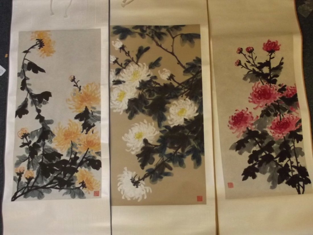 Three Chinese scrolls painted with flowers, 25" long (1 of 1)