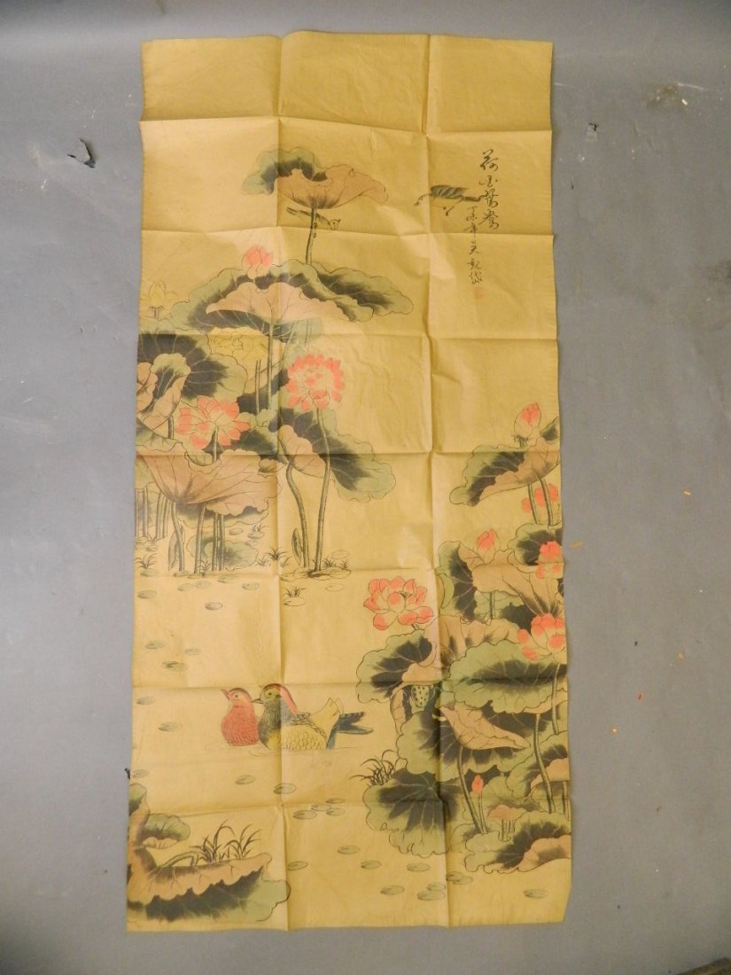 A Chinese printed watercolour of two waterfowl amongst: A Chinese printed watercolour of two waterfowl amongst water lilies, with certificate, 24'' x 51'', Best Bid