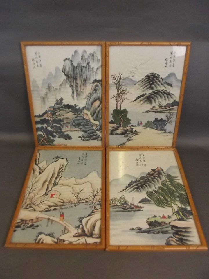 Four Chinese landscape paintings on silk, 13" x 8 (1 of 1)