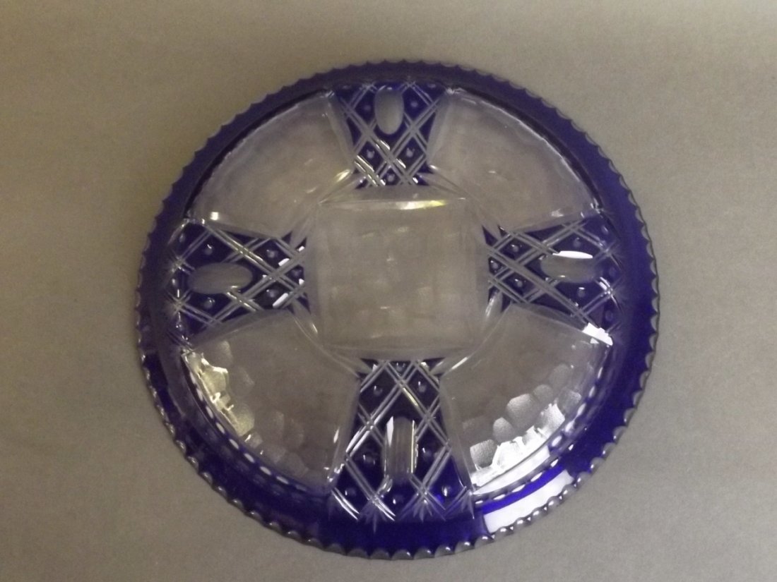A Thomas Webb cut glass dish with cobalt blue: A Thomas Webb cut glass dish with cobalt blue decoration, 8'' diameter