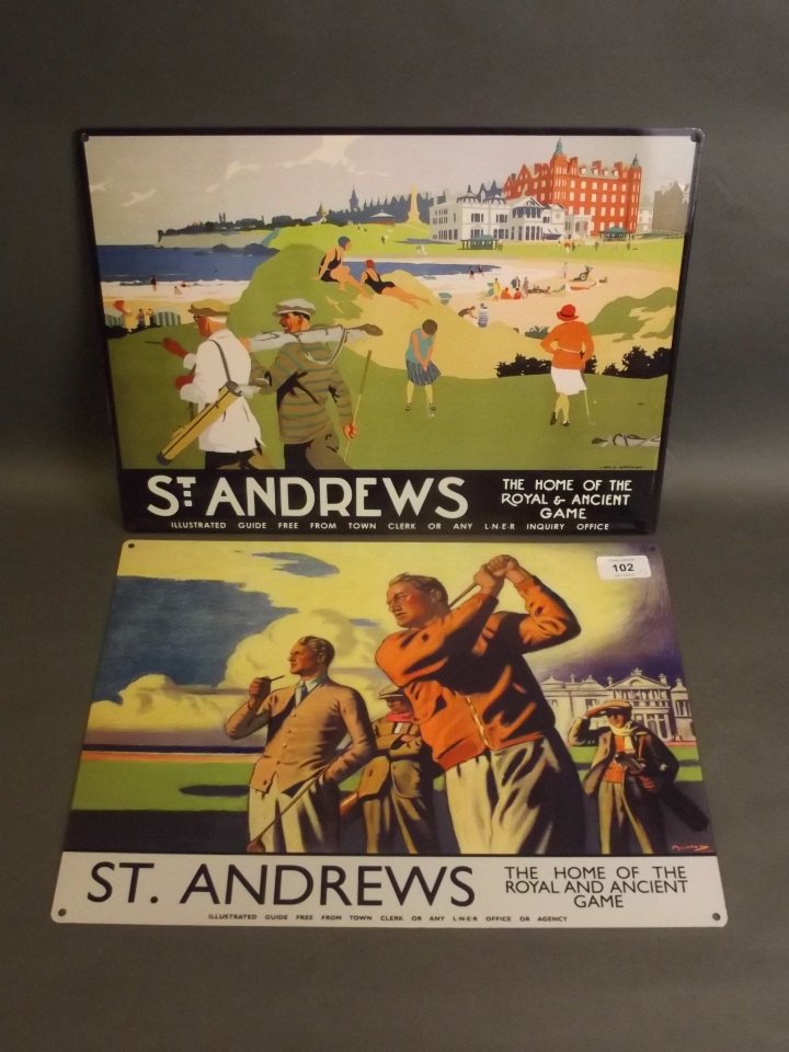 Two metal novelty advertising signs 'St. Andrew's: Two metal novelty advertising signs 'St. Andrew's Golfing', 15½'' x 12''