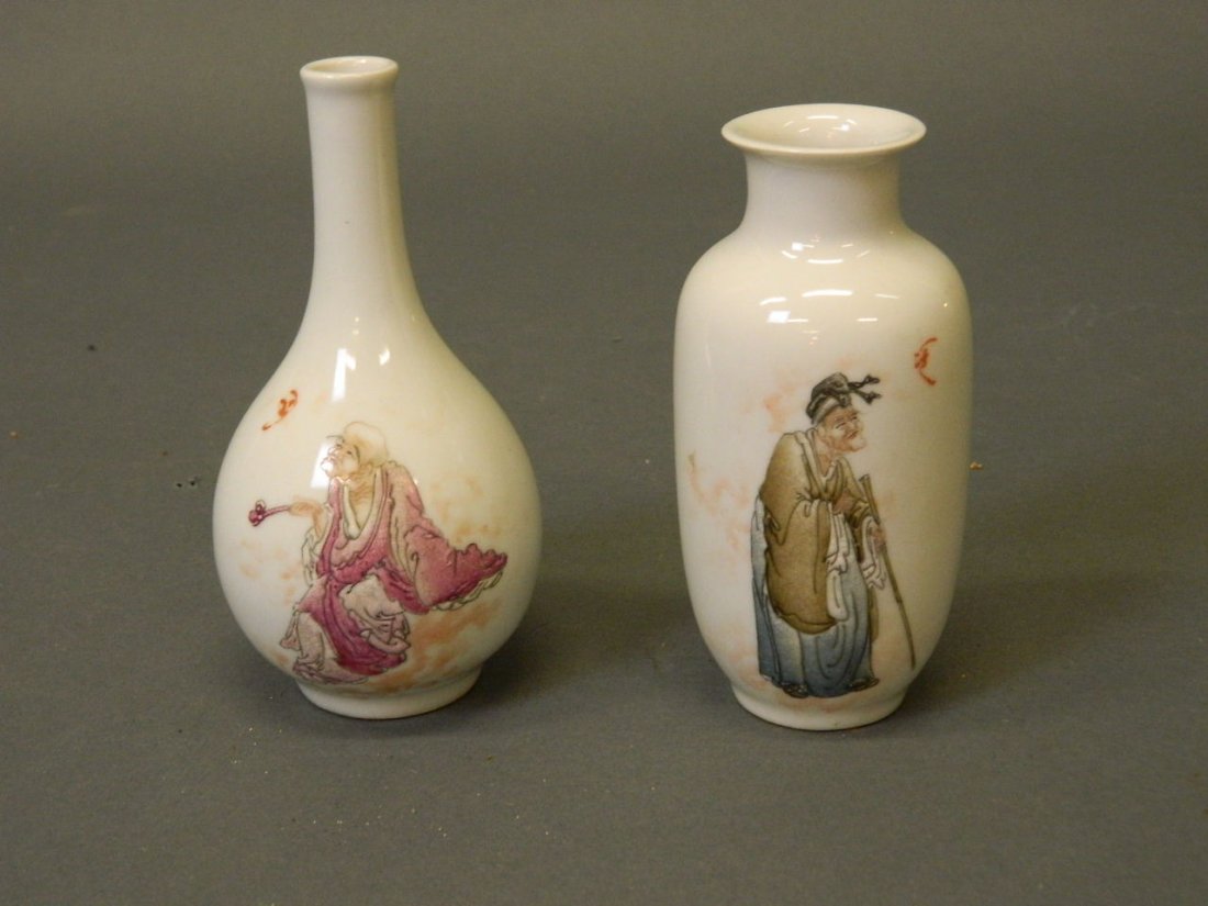 A small Chinese porcelain spill vase with enamel: A small Chinese porcelain spill vase with enamel decoration depicting Lohan, inscriptions verso, seal mark to base, C20th, and another similar, 6'' high