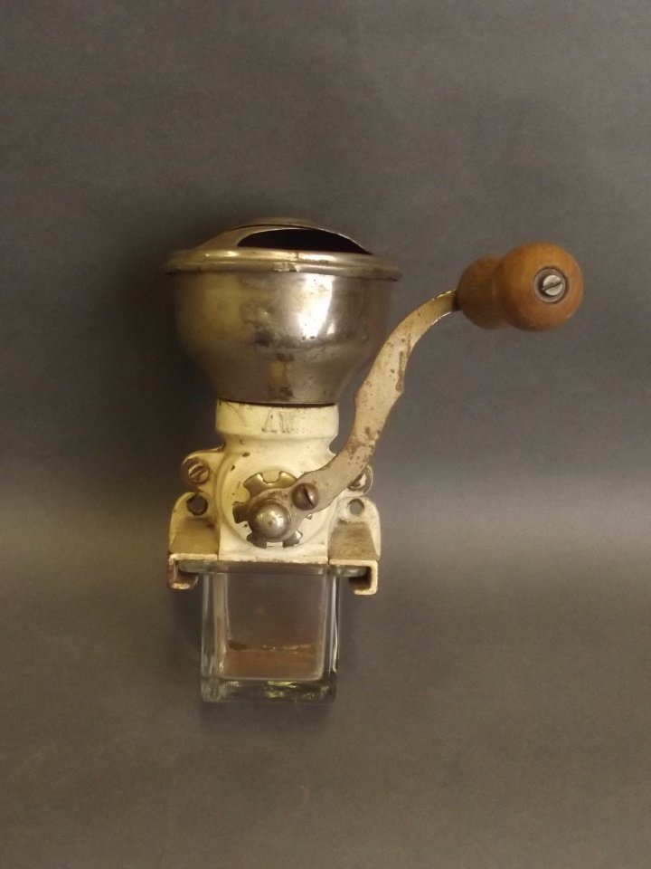 A wall mounted vintage coffee grinder, marked 'AW', 7'' (1 of 3)