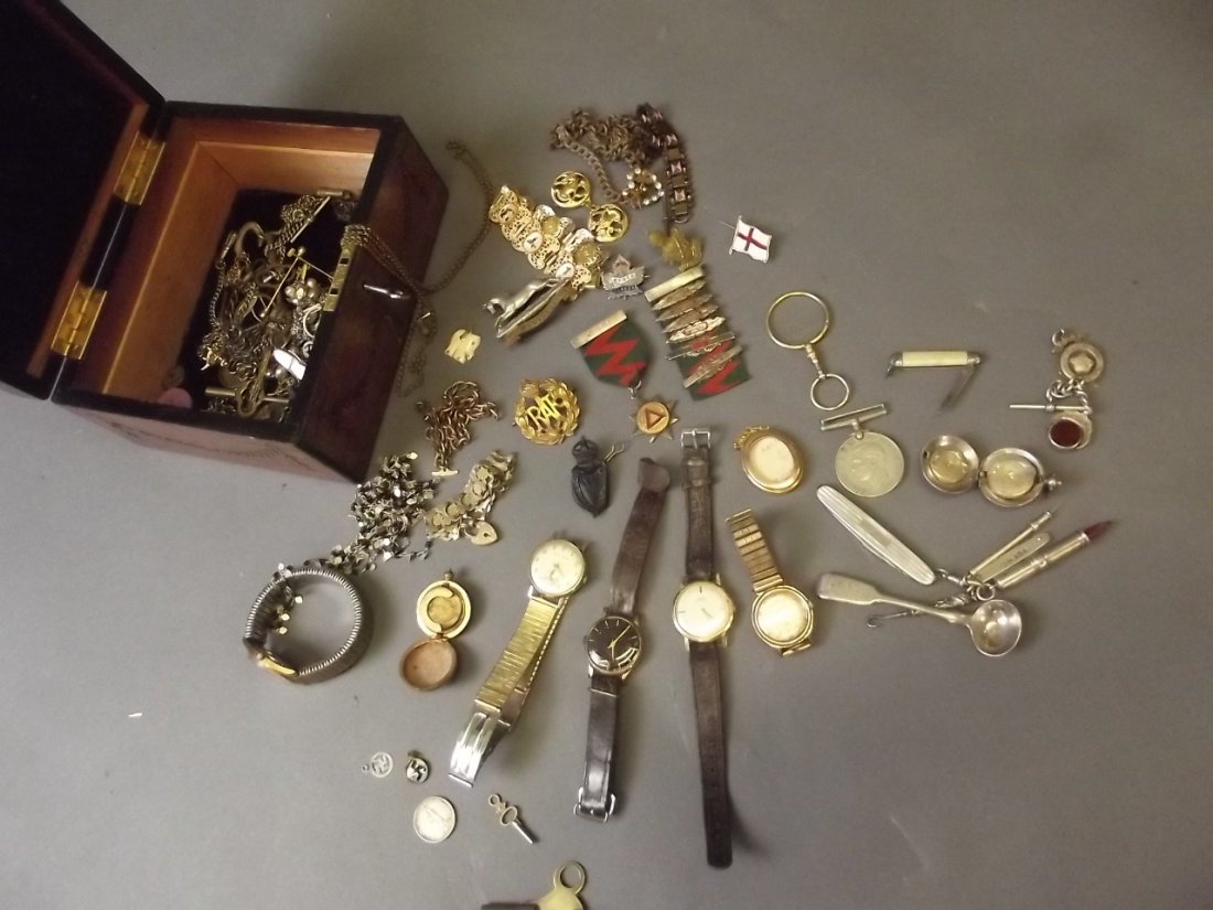 A C19th brass and ebony inset jewellery box containing (1 of 7)