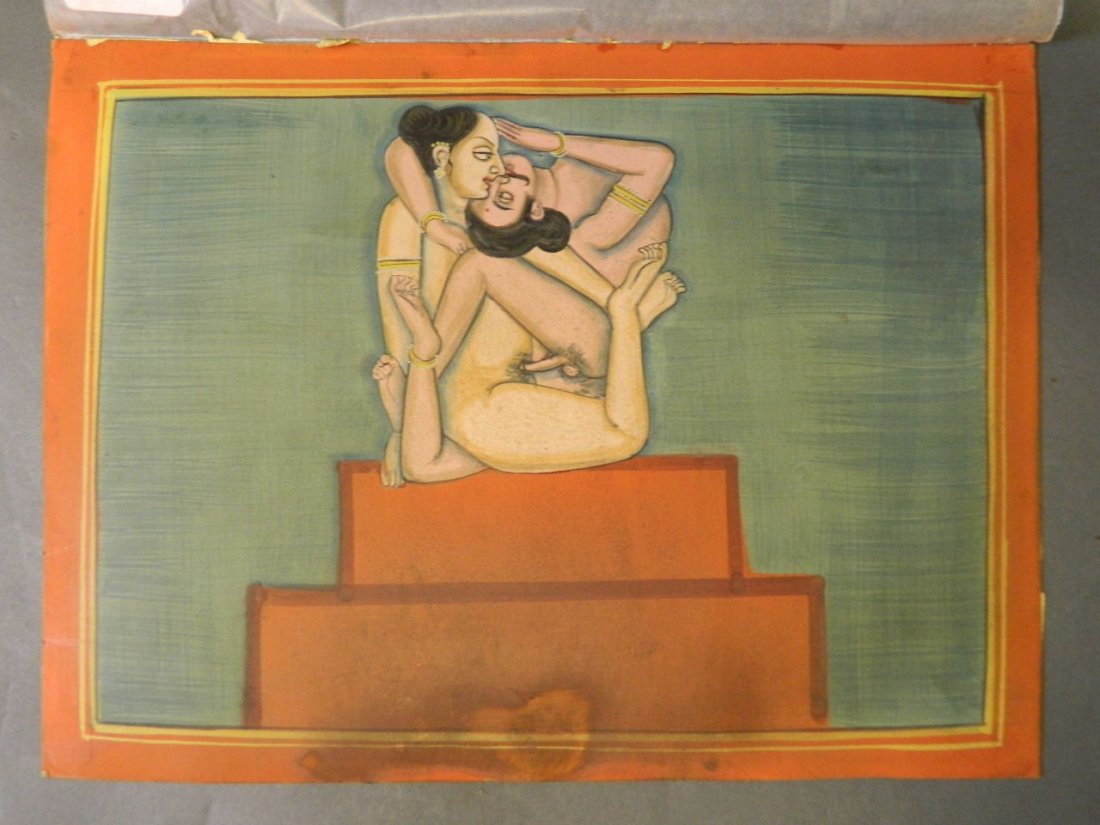 An Indian erotic watercolour, couple performing the: An Indian erotic watercolour, couple performing the Karmasutra, script verso, 9'' x 12½''