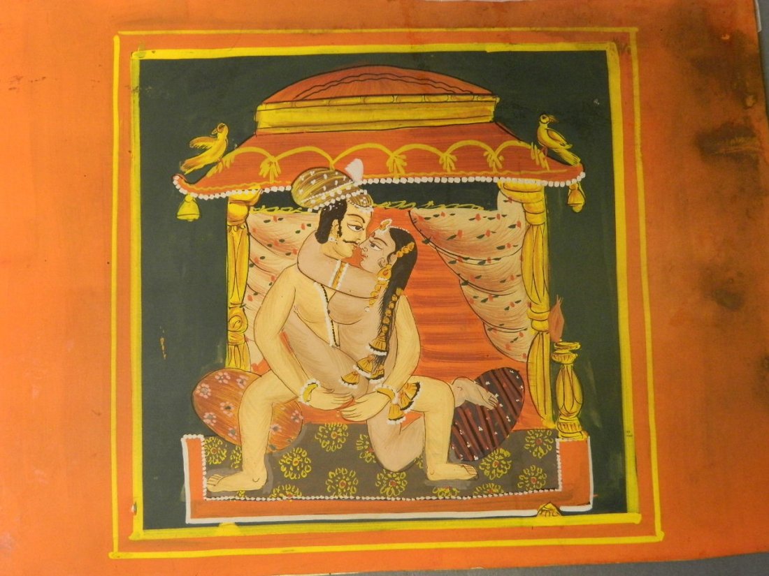 An Indian erotic watercolour, couple on a bed, script: An Indian erotic watercolour, couple on a bed, script verso, 9'' x 12''