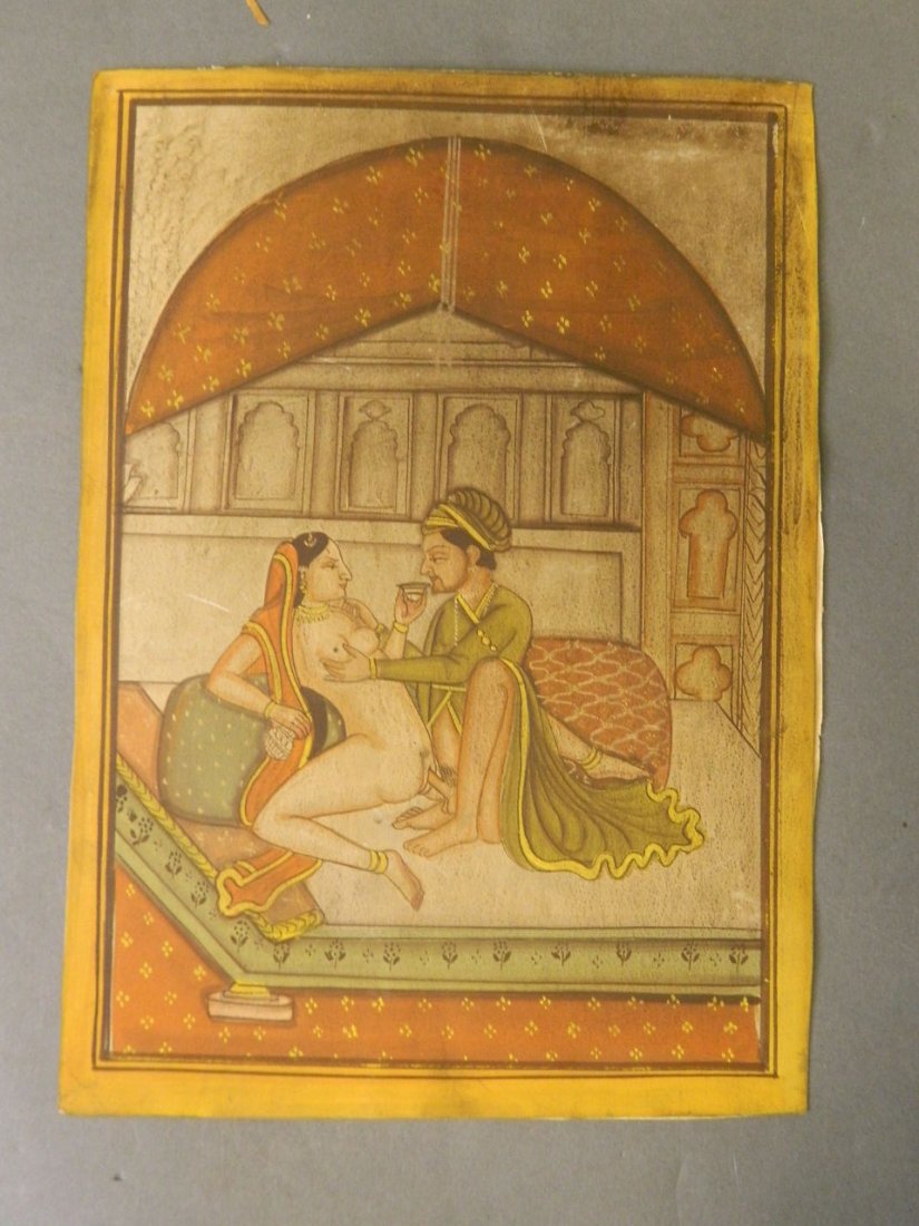 An Indian erotic watercolour, couple taking tea, 8½'' x: An Indian erotic watercolour, couple taking tea, 8½'' x 12''