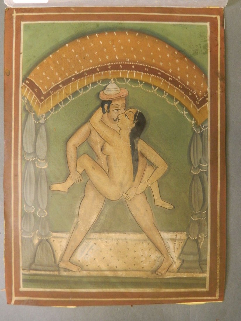 An Indian erotic watercolour, a couple beside a bath,: An Indian erotic watercolour, a couple beside a bath, script verso, 9'' x 12½''