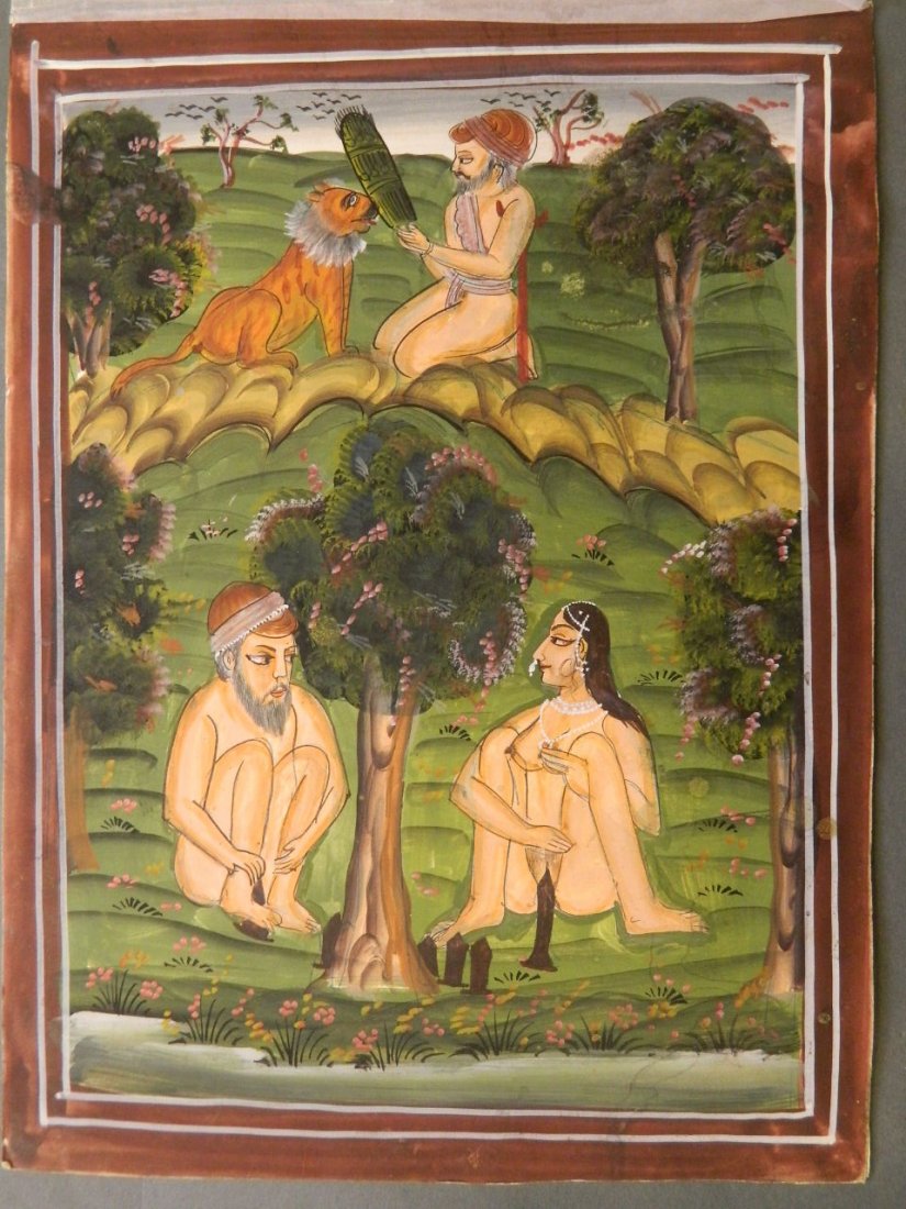 An Indian erotic watercolour of two gentlemen, a woman: An Indian erotic watercolour of two gentlemen, a woman and a lion, script verso, 9'' x 12½''
