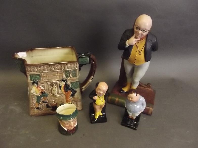 A small collection of Dickens pottery figures and jugs: A small collection of Dickens pottery figures and jugs to include 'Mr Pickwick', four Royal Doulton, and one Aynsley, largest 9Â½'' high