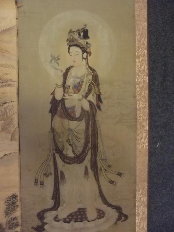 Two Chinese scrolls, one decorated with Quan Yin, the (1 of 3)