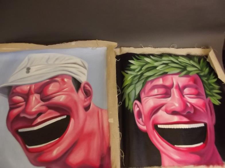 Two Chinese oils on canvas of laughing gentlemen,: Two Chinese oils on canvas of laughing gentlemen, largest 21" x 25"