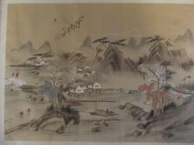 An Oriental watercolour on rice paper, fishing village,: An Oriental watercolour on rice paper, fishing village, signed with seal, 14'' x 10Â½'', Best Bid