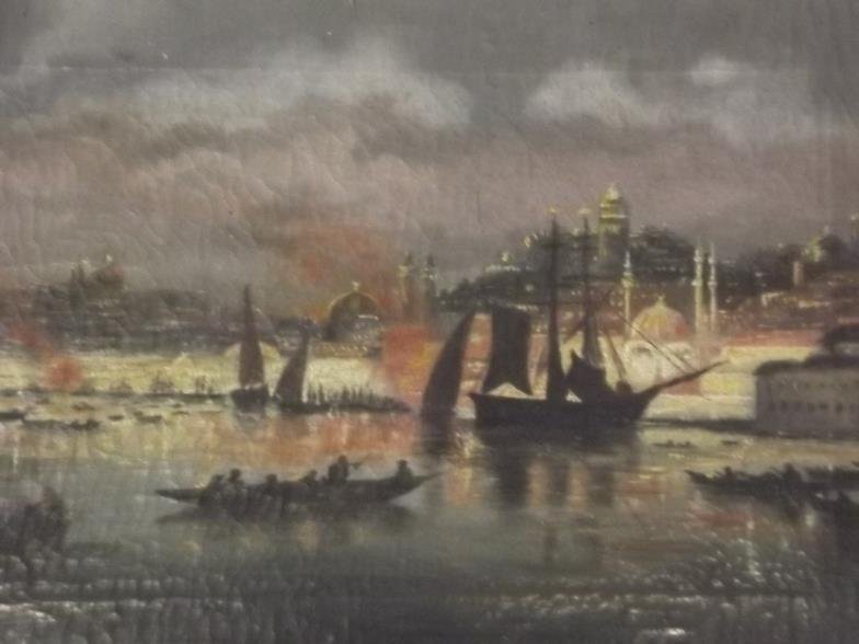 K. Schwimmer Melvin, oil on canvas, depicting the fire: K. Schwimmer Melvin, oil on canvas, depicting the fire of Constantinople, C19th, in a gilt frame, 12" x 17" (frame AF)