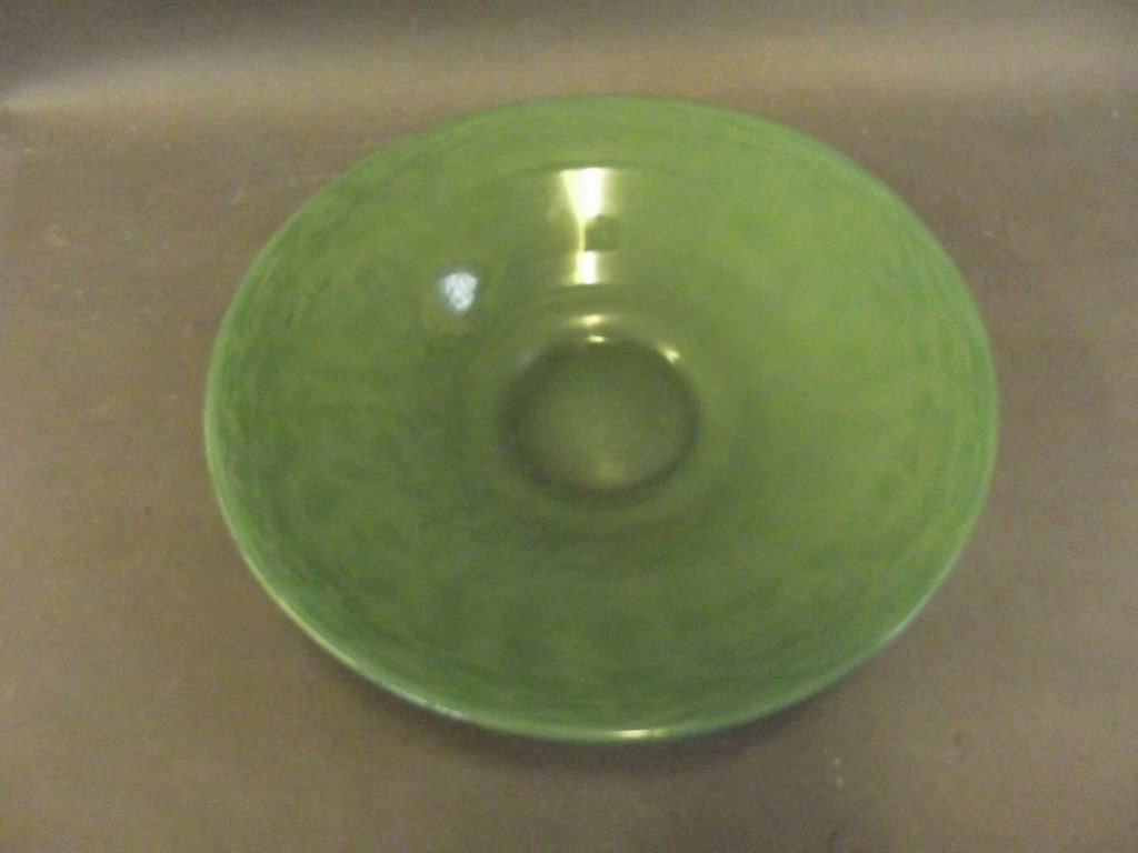A Chinese green mottled glass fruit bowl, 11" diameter: A Chinese green mottled glass fruit bowl, 11" diameter