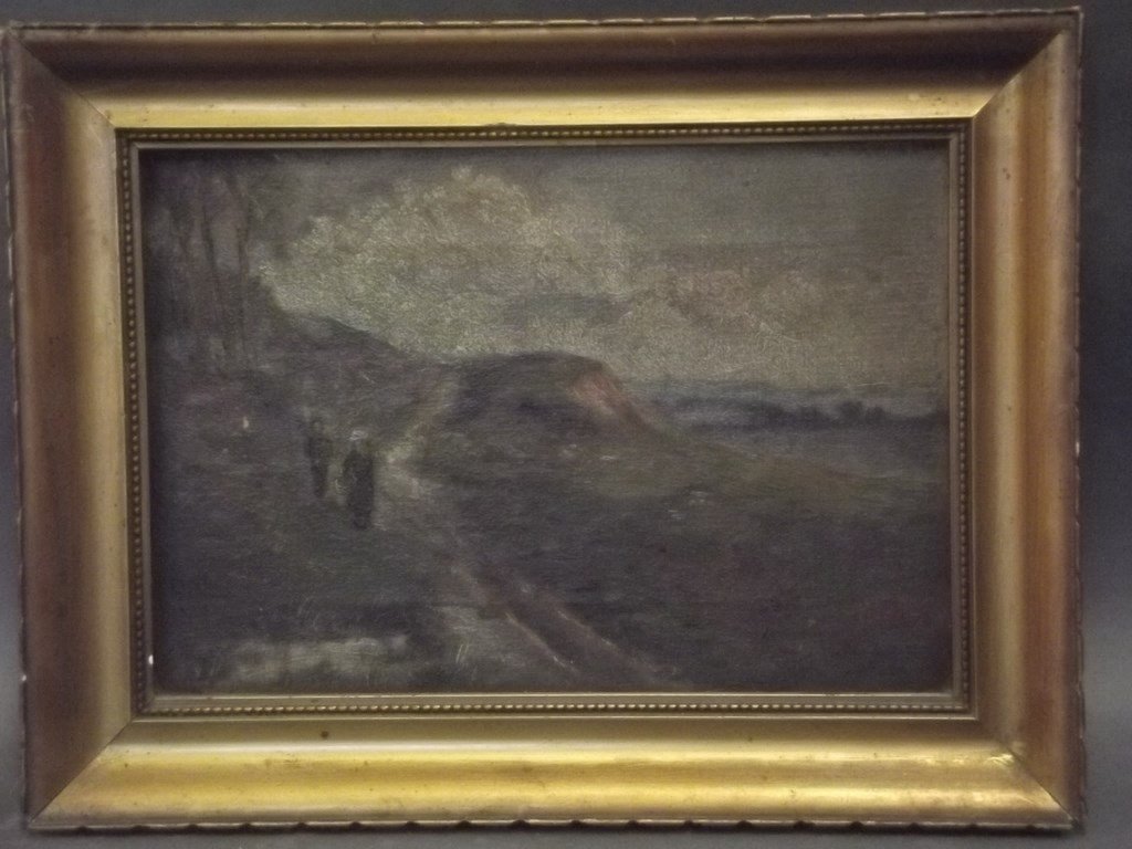A C19th oil on canvas, a couple walking on a cliff top: A C19th oil on canvas, a couple walking on a cliff top path, 10" x 7"