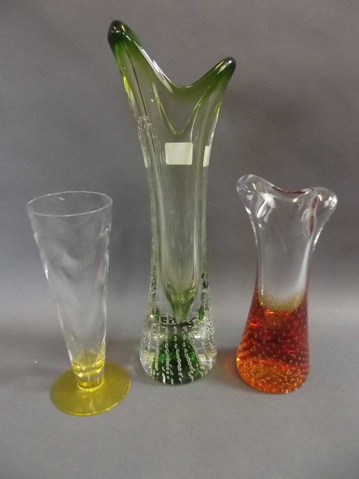 A Thomas Webb studio glass beaked vase, and two others: A Thomas Webb studio glass beaked vase, and two others by the same manufacturer, largest 14"