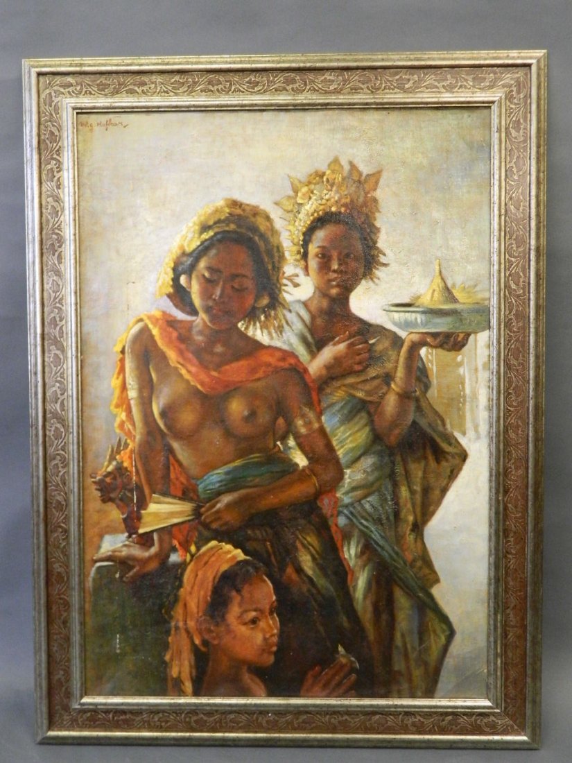 An oil on canvas, portrait of young Balinese women: An oil on canvas, portrait of young Balinese women after W.G. Hofker, 27" x 40"