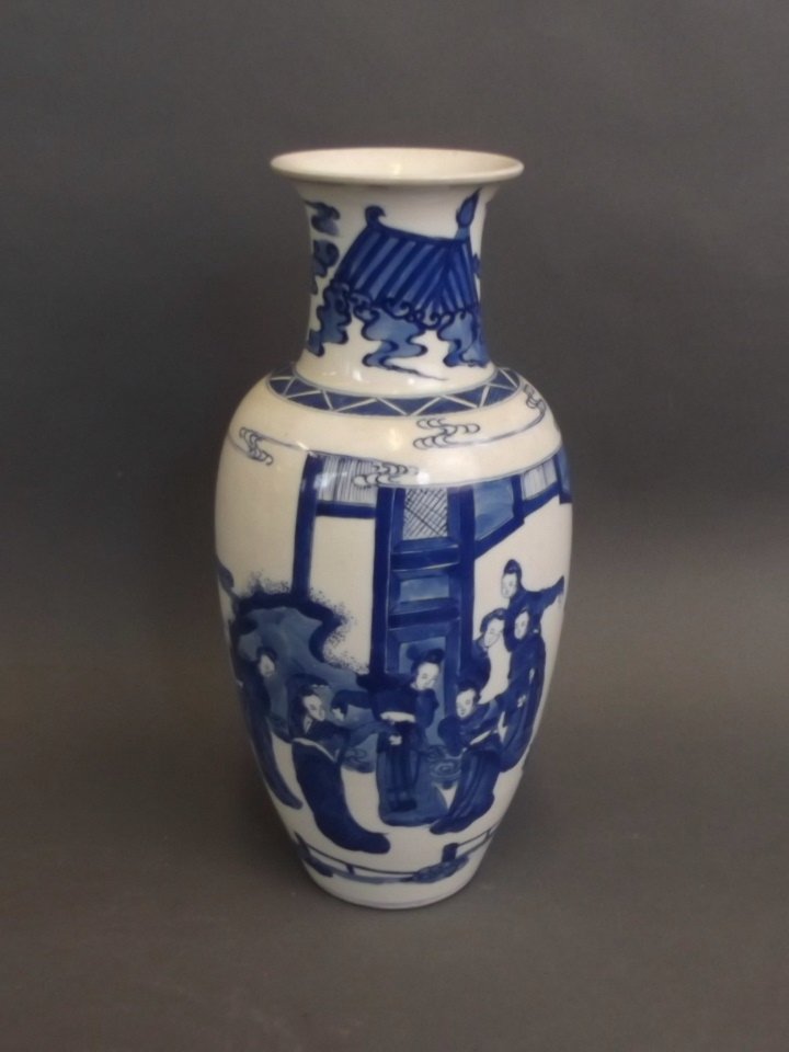 A Chinese blue and white porcelain vase with painted: A Chinese blue and white porcelain vase with painted decoration of men and women in a temple, 6 character mark to base, 7" high
