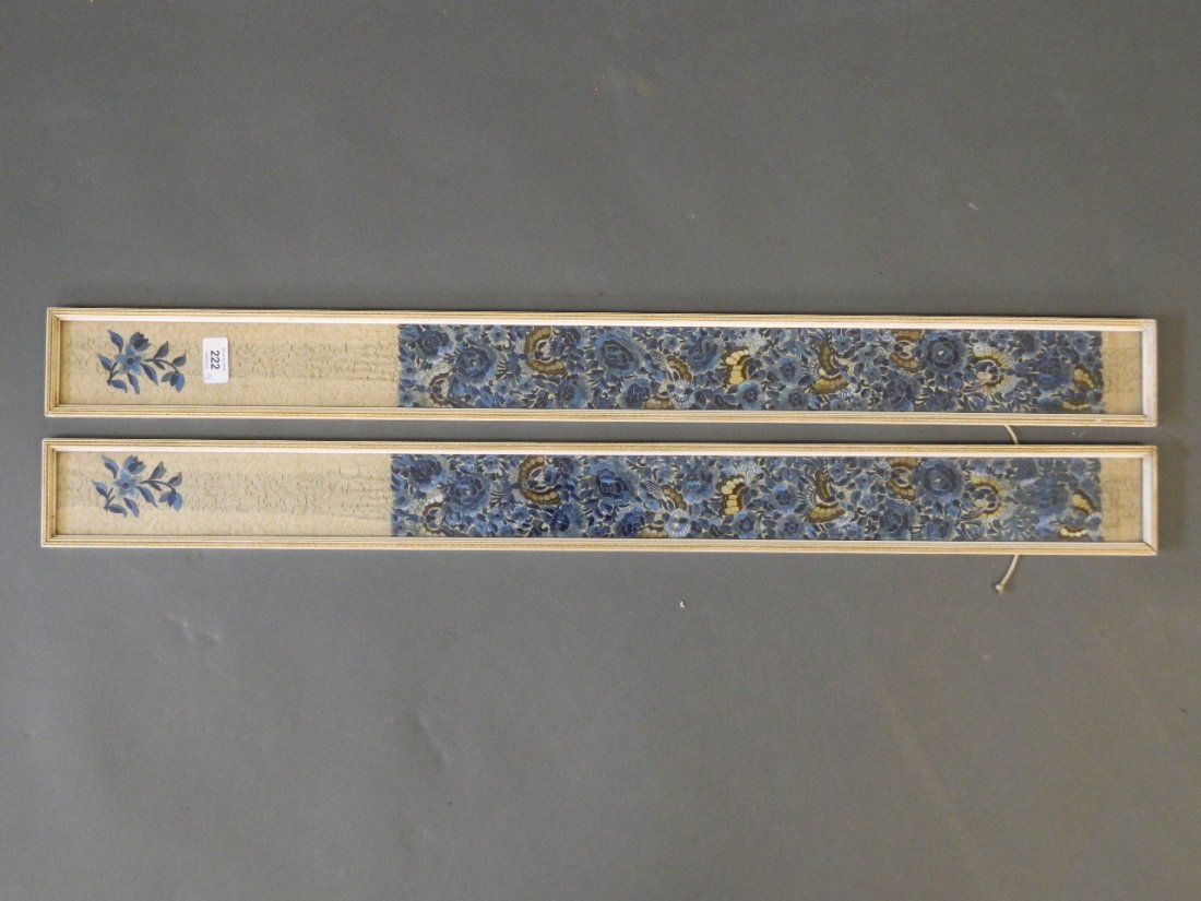 A pair of Chinese silk embroideries with butterflies: A pair of Chinese silk embroideries with butterflies amongst cherry blossom and chrysanthemums, 3½" x 36"