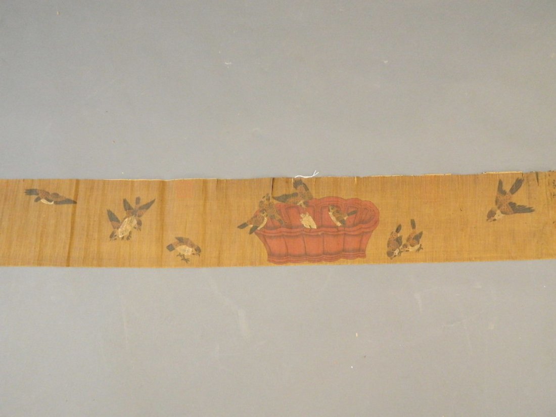 A Chinese watercolour scroll decorated with finches, 8": A Chinese watercolour scroll decorated with finches, 8" x 58"