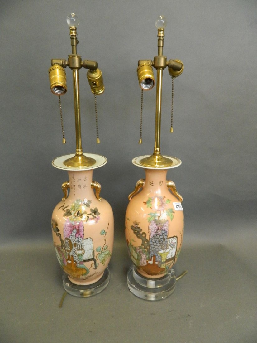 An Oriental porcelain vase with lustre glazed: An Oriental porcelain vase with lustre glazed decoration and gilt highlights, converted to a lamp on a Perspex base, and another similar, 26" high
