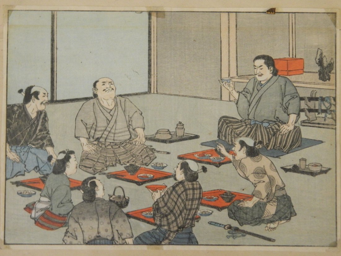 A Japanese woodblock print, samurai taking tea, in a: A Japanese woodblock print, samurai taking tea, in a hardwood frame, late C19th/early C20th, print 6" x 8", Best Bid