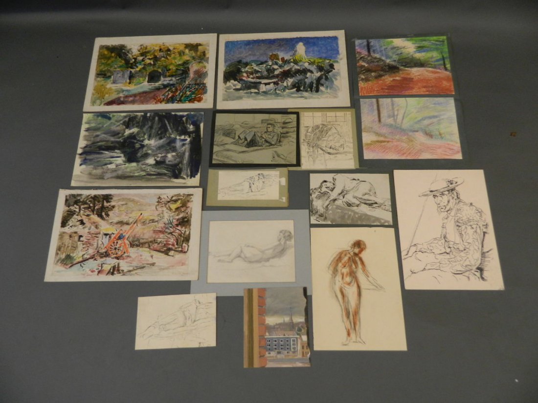 Ronald Morton, quantity of unframed watercolours, ink: Ronald Morton, quantity of unframed watercolours, ink and other drawers, some signed, largest 18" x 11½"