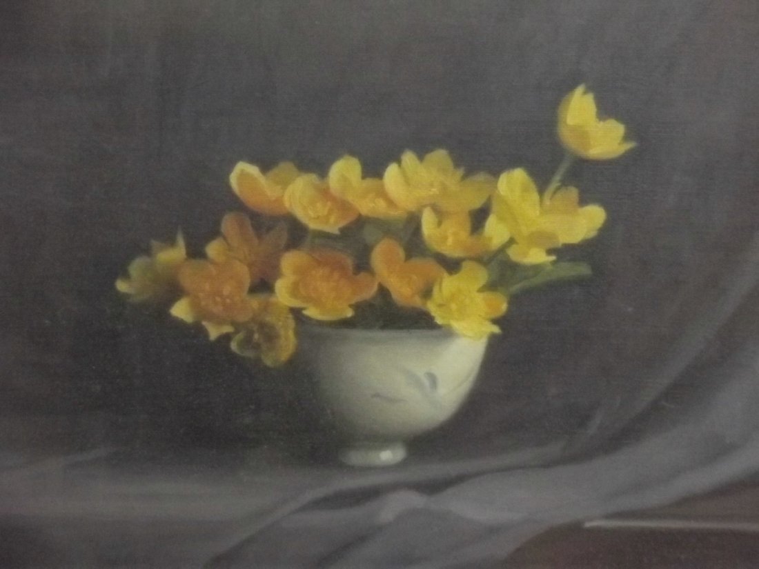 Ernest Townsend, oil painting on artist's board, still: Ernest Townsend, oil painting on artist's board, still life with bowl of Marsh Marigold, details verso, in a contemporary gilt frame, 15½" x 12½"