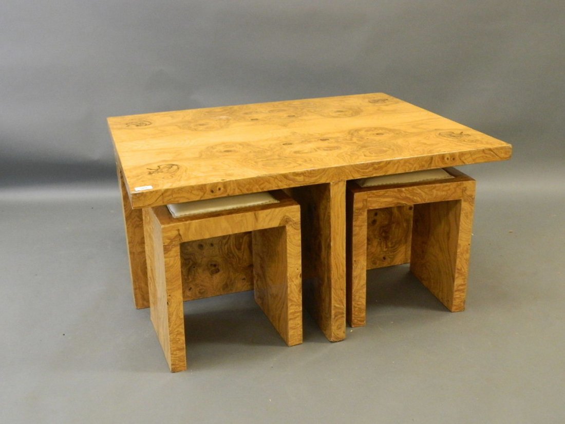 A 1970s maple coffee table and four stools, 31½" x 39",: A 1970s maple coffee table and four stools, 31½" x 39", 20" high