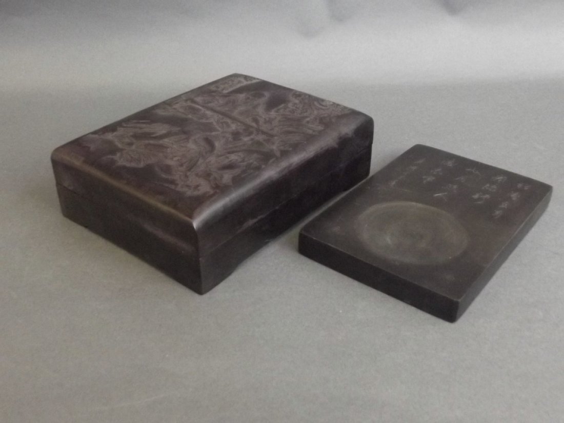 A Chinese ink stone and box with carved decoration of (1 of 3)