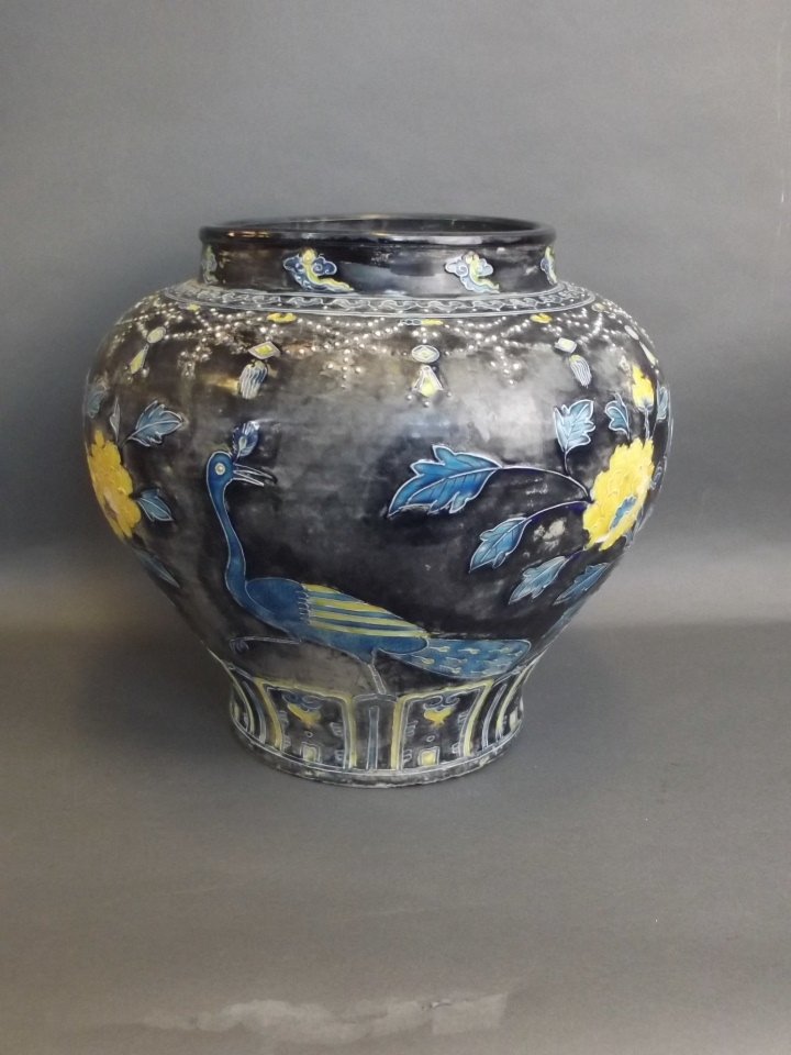 A large Chinese blue ground pottery jardinire with (1 of 3)
