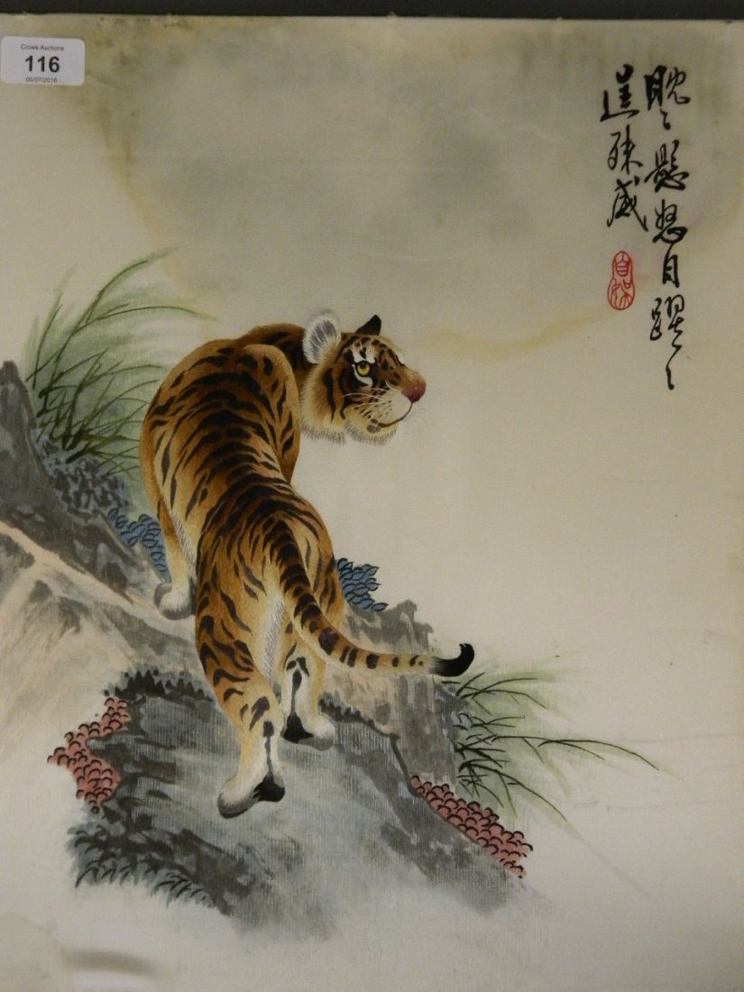 A Chinese painted and embroidered silk of a tiger, 18": A Chinese painted and embroidered silk of a tiger, 18" x 14"
