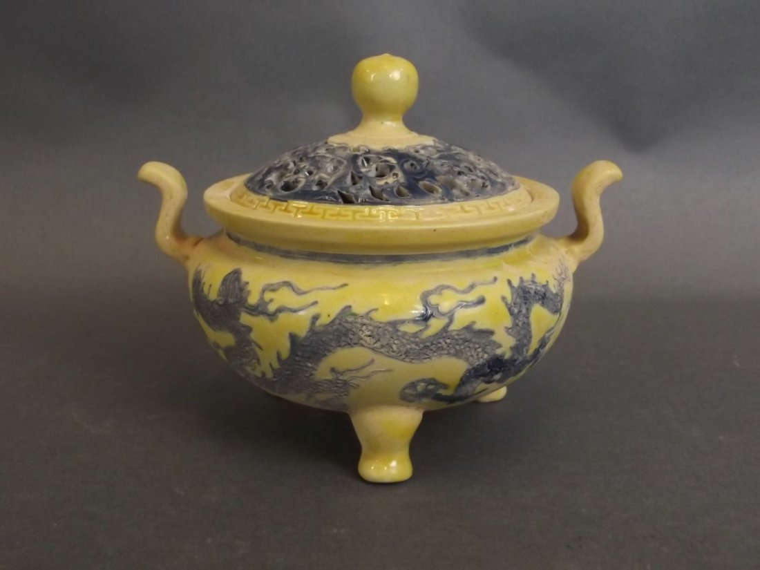 A yellow glazed twin handled pottery censer with (1 of 3)