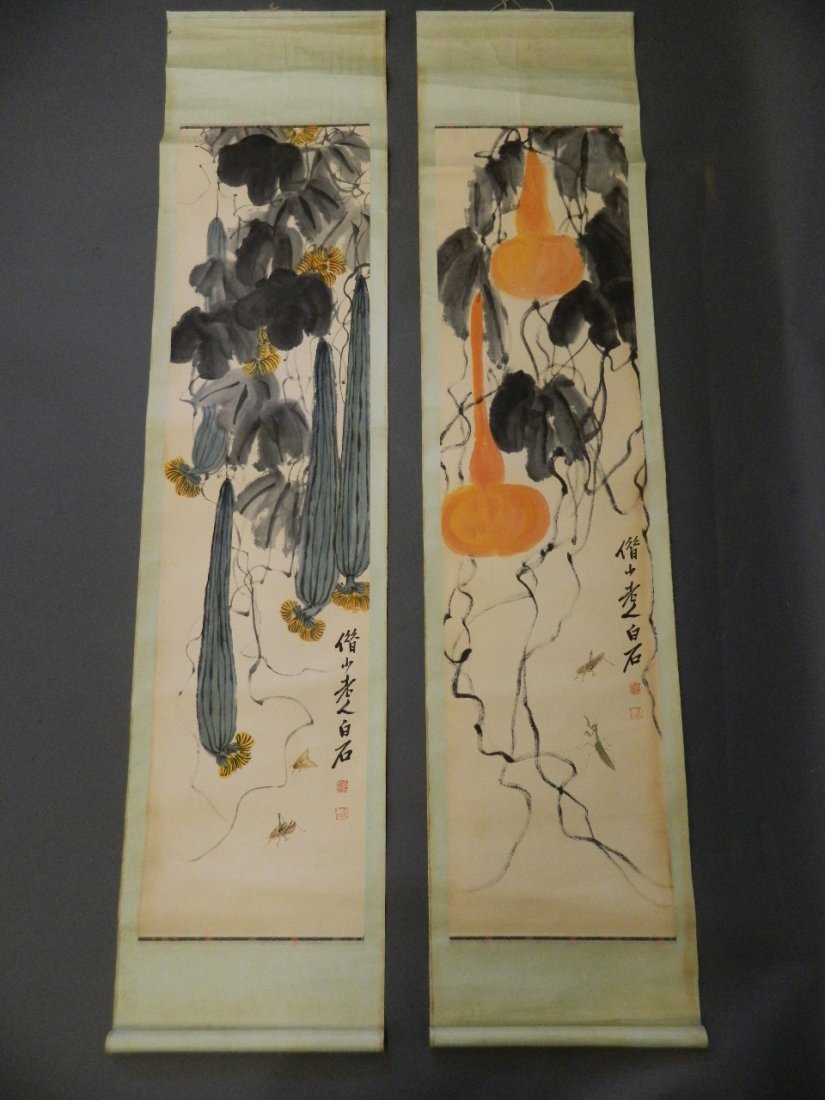 A pair of Chinese watercolour scrolls decorated with (1 of 4)