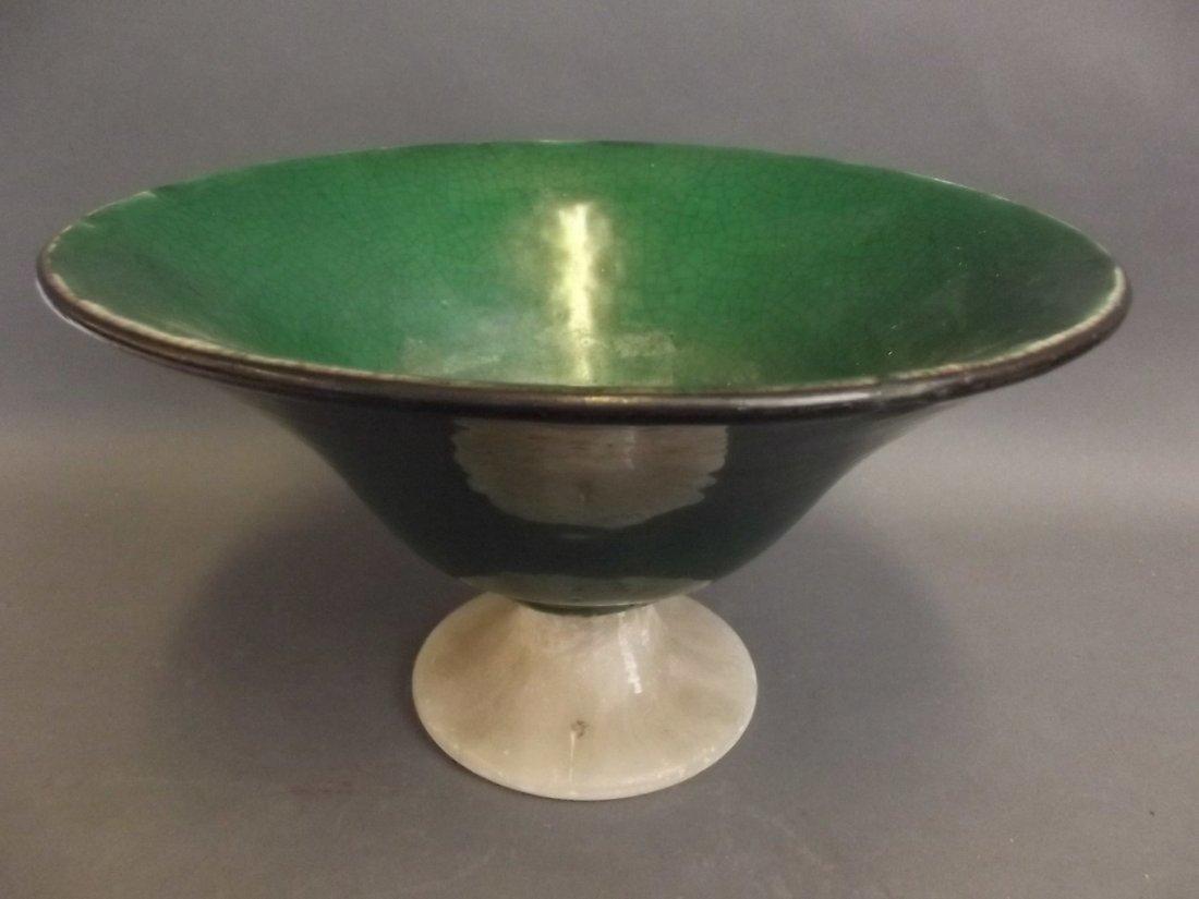 A Chinese green crackle glazed bowl, mounted on a later: A Chinese green crackle glazed bowl, mounted on a later alabaster foot, 11" diameter, 6" high