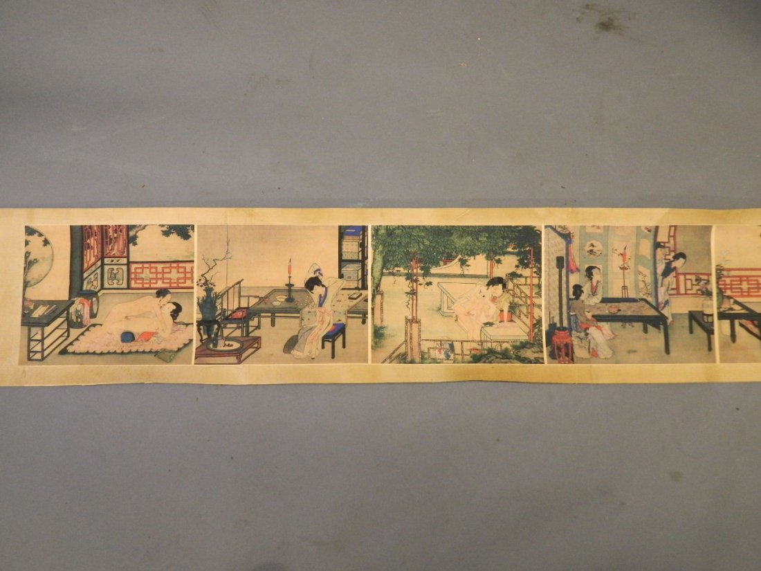 A Chinese scroll decorated with erotic scenes, 92" x 8": A Chinese scroll decorated with erotic scenes, 92" x 8"
