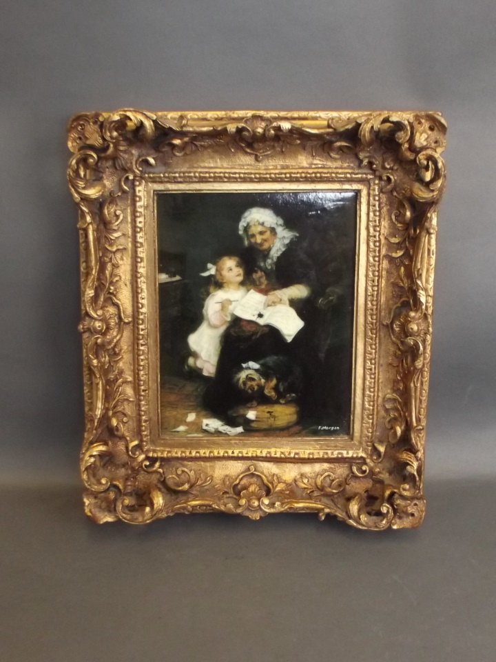 F. Morgan, varnished print on porcelain plaque, mother: F. Morgan, varnished print on porcelain plaque, mother and child with a dog, in a gilt frame, 8" x 10"