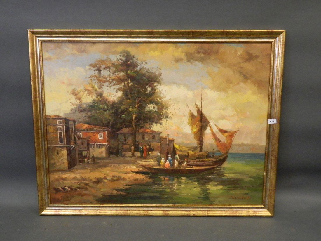 An oil on canvas, Turkish riverside with sailing (1 of 3)