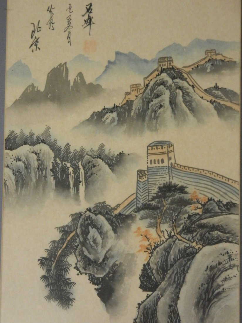 A Chinese watercolour on silk depicting the Great Wall,: A Chinese watercolour on silk depicting the Great Wall, 11" x 16"