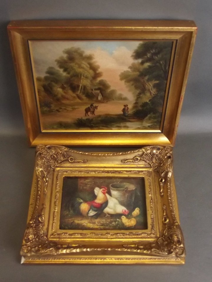 An oil on card, portrait of chickens and cockerel after: An oil on card, portrait of chickens and cockerel after Hunt, together with a C19th oil on board, continental scene with figures and a donkey, largest 10" x 8"