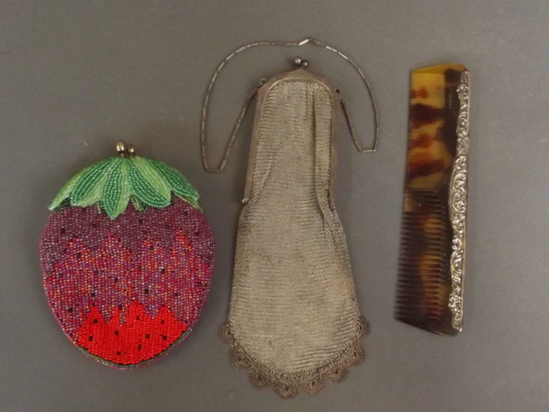 A vintage silver mesh evening purse, the engraved frame: A vintage silver mesh evening purse, the engraved frame marked 925, a silver backed faux tortoiseshell comb, and a vintage beaded evening purse