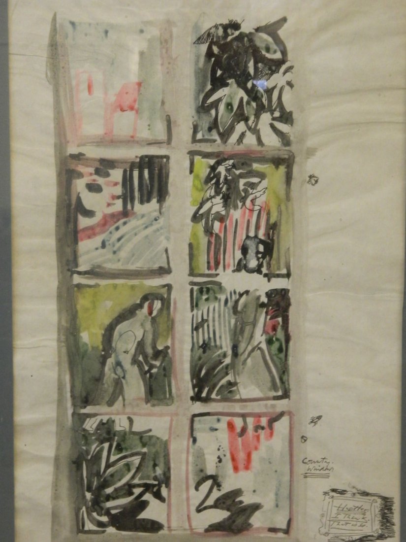 In the manner of John Piper, watercolour, study for a: In the manner of John Piper, watercolour, study for a stained glass window, with annotations, removed from a local architect's estate, 23" x 15"