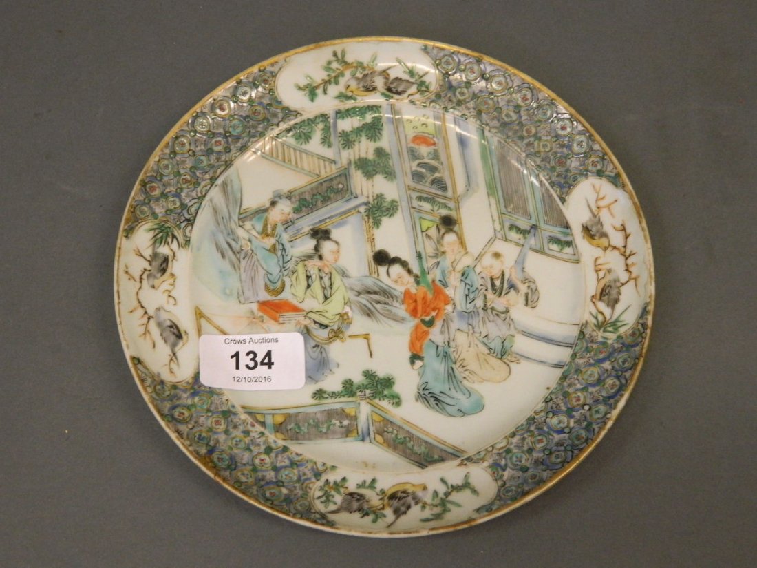 A C19th Chinese famille verte plate with raised enamel: A C19th Chinese famille verte plate with raised enamel decoration, 8" diameter