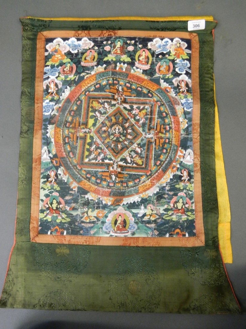 A hand painted thangka on canvas, mounted on silk, 17" (1 of 4)